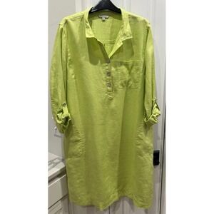 New John Mark Linen Shirt Dress L Green Roll Tab Sleeves 100% Linen Pockets $119